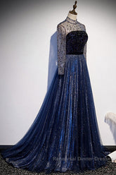 Noble Navy Blue Perspective High Neck Long Sleeved Water Diamond Sequin Ball Dress Navy Blue A-Line Princess Sparkling Backless Tulle Sweeping Tail Ruffle Edge Evening Dress